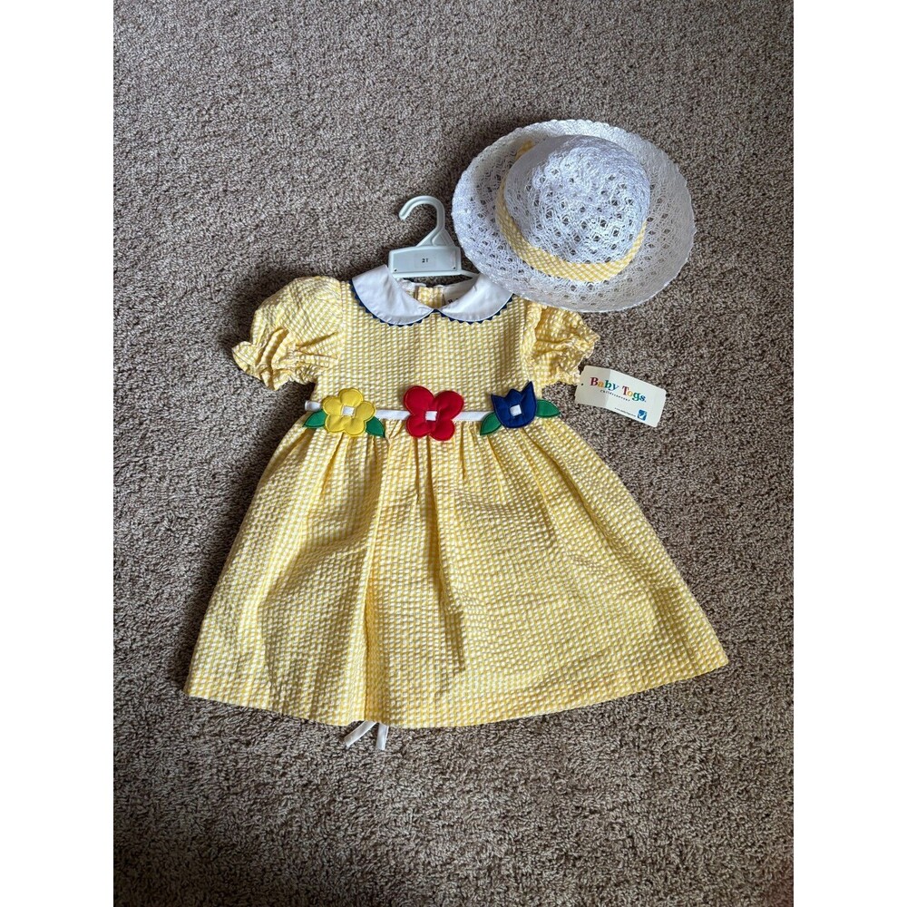 Vintage Baby Togs Dress Hat Set 2T Yellow Gingham Seersucker Floral NWT